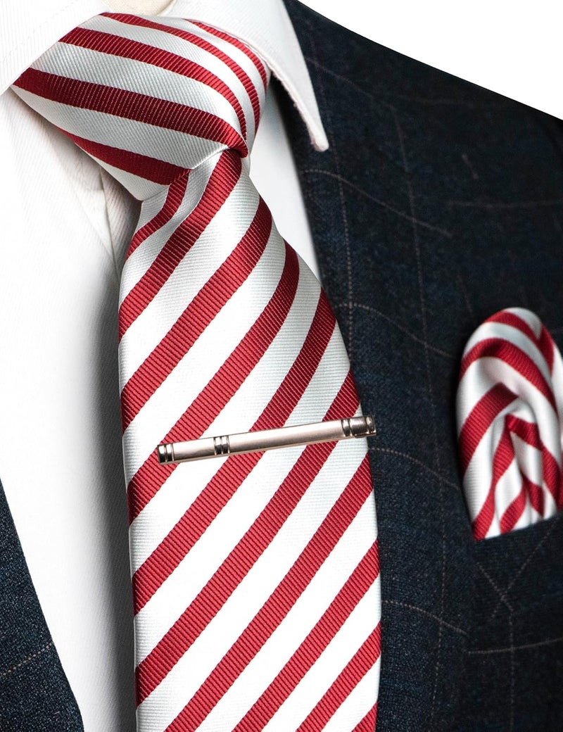 RBOCOTT Silk Stripe Plaid Tie and Pocket Square with Tie Clip Sets for Men - Image 2
